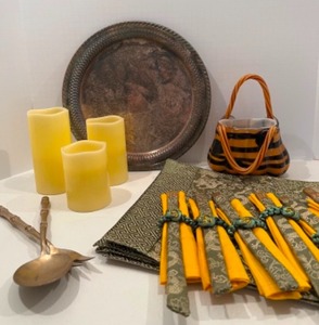 lot 38 image: Home Decor, Glass Basket, Asian Placemats Glow Candles & More