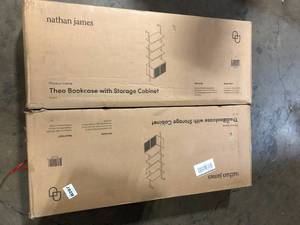 Lot of 2 Theo Open Shelf 73 in. High Light Oak Wood 3-Shelf Ladder Bookcase with Rattan Cabinet Doors and Matte Black Frame by Nathan James   Customer Returns See Pictures