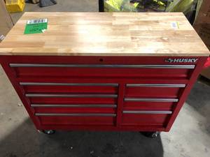 Husky 42 in. W x 18.1 in. D 8-Drawer Red Mobile Workbench Cabinet with Solid Wood Top Doors Locked  Customer Returns See Pictures