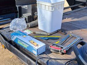 lot 1332 image: Lot of (1 Bucket) Hand Tools - Pittsburgh 34 Tubing Cutter, 13W Fluorescent Worklight, Hacksaws, Square, Folding Ruler, Metal File, Hacksaw Blade and more