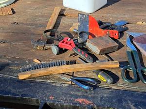 lot 1334 image: Lot of (1 Bucket) Hand Tools - Claw Hammer, Snips, Rubber Strap Wrench, Wire Brush, Screwdriver, Pliers, and more