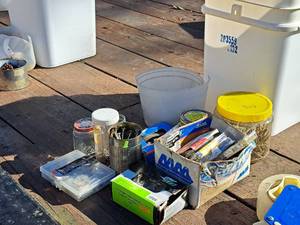 lot 1341 image: Lot of (1 Bucket) Misc. Fasteners - Hot-Dip Galvanized Common Nails 3D, Wire-Collated Nails, Screws, Assorted Nails