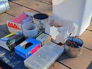 lot 1342 image: Lot of (1 Bucket) Misc. Fasteners - Stainless Steel Deck Screws, Finished Nails 3D, Finish Nails 6D, Misc. Nails and Screws