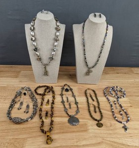 lot 93 image: (7) Beautiful Handcrafted Colorful Miscellaneous Stones&nbspNecklace and Earring Sets in Brown and Silver E