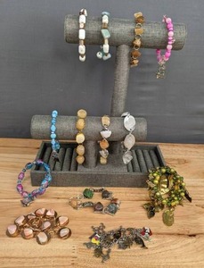 lot 72 image: (13) Gorgeous Handcrafted Gemstone and Beaded Wire Wrap and Chain Bracelets E
