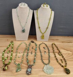 lot 75 image: (7) Beautiful Handcrafted Colorful Miscellaneous Stones&nbspNecklace and Earring Sets in Green E