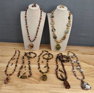 lot 76 image: (7) Beautiful Handcrafted Colorful Miscellaneous Stones&nbspNecklace, Earring and Bracelet Sets in BrownTan E