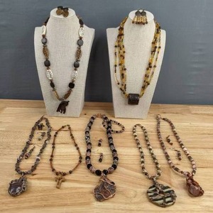 lot 78 image: (7) Beautiful Handcrafted Colorful Miscellaneous Stones&nbspNecklace and Earring Sets in BrownTan E