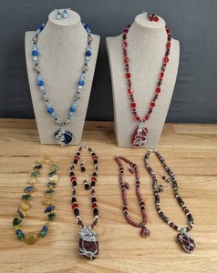 lot 65 image: (6) Beautifully Handcrafted Colorful Gemstone Necklace and Earring Sets E