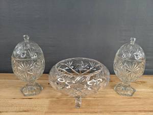 lot 107 image: Set of Two Clear Round Candy Dishes with Lids and One Candy Dish Bowl   D