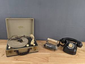 lot 115 image: (3) Vintage Record Player, Monophone Rotary Phone, and Iron D