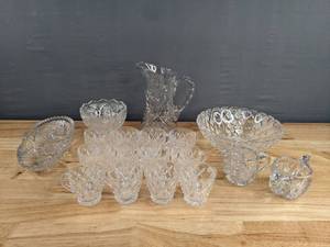 lot 106 image: Set of Clear Etched Dishes Including Glasses, Bowls, Pitchers and More  D