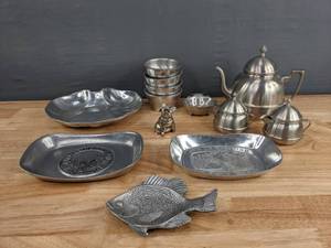lot 134A image: Collection of PewterSilver Plated-Style Decorative Trays and Tea Set D