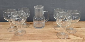 lot 147 image: Classic Etched Glass Bedside Water CarafePitcher with Set of 6 Glass Goblets D