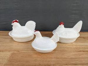 lot 58 image: Vintage Set of (3) Westmoreland Hen on Nest Covered Dish, White Milk Glass Hen with Red Comb, Hen in a Basket Candy Dish D