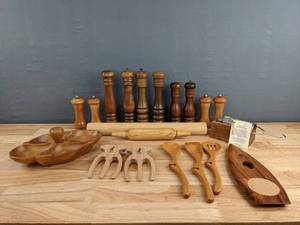 lot 119 image: Wonderful Wooden Salt and Pepper, Salad, Rolling Pins, Serving Tray, and More D