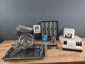 lot 120 image: Assorted Kitchen Equipment including Chefs Choice Knife Sharpener, Pastry Blender, Egg Slicer, and More D