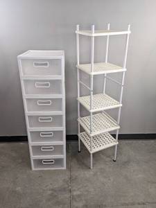 lot 138A image: White Sterilite 7-Drawer Plastic Organizer and White 5-Shelf Stand D