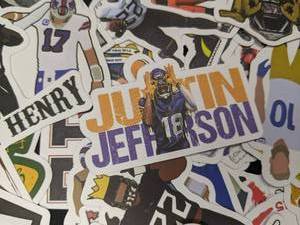 lot 44A image: 100 New NFL Football Stickers Vikings Jefferson Chiefs Mahomes Brady Packers Dolphins Watt N