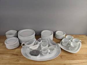 lot 194 image: Set of 67 Pieces of White Suomi Style Dishes Including Plates, Bowls, Cups and More   D