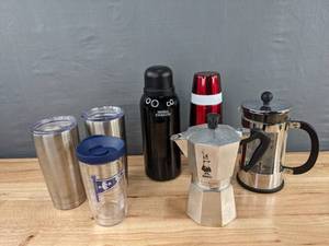 lot 157 image: Lot of 7 Coffee Items Bodum French Press, Bialetti Express Espresso Maker, Insulated Travel Mugs & Thermoses D
