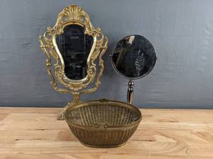 lot 156 image: Art Nouveau Articulating Mirror, Metal Basket & Table Top Magnifying Mirror D