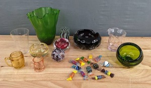 lot 199 image: Assortment of Glass Sweet Candy, Viking Art Green Glass Ashtray Orb, Miniature Shot Glass Beer Mug, Vases, Paperweight, Etc. D