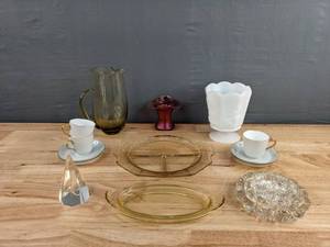 lot 182 image: An Assortment of Glassware Milk Glass, Depression Glass, Tea Cups, Colored Glass, Etc. D