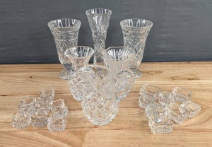 lot 193 image: Assortment of Clear Glass Crystal Vases, Pitcher, Salt Cellars, Etc. D