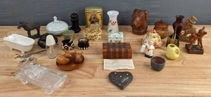 lot 197 image: Assortment of Seasoned Linden Wood Box, Horse Figurine, Doll House Claw Foot Tub, Paper Weight Glass Corvette, Floral Vase, Vintage Luce Decielo Cheese Shaker Tin, Carved Standing Deer, Etc. D