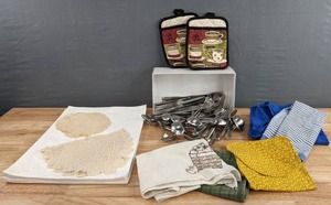 lot 210 image: Kitchen Essentials Coffee Themed Pot Holders, Placemats, Mixed Utensils, Doilies, &  More D