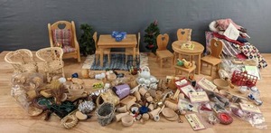 lot 217 image: Large Assortment of Dollhouse Accessories Wooden Table and Chairs, Tea Set, Baksets, Decor and More D