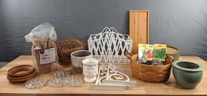 lot 219 image: Home Decor Baskets, Ceramic Flower Pots, Herb and Vegetable Seeds, Metal Magazine Holder, Wood Serving Tray and More D