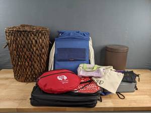 lot 226 image: A Collection of Household Items Garbage Cans, Basket, Reusable Bags, Lunch Cooler, etc. D
