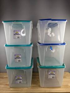 lot 245 image: Lot of 6 Storage Systems 15 Gal. Plastic Storage Bins with Attached Lids D