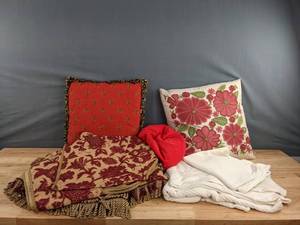 lot 245A image: Assortment of Red & White Pillows, Blankets and Fabric D
