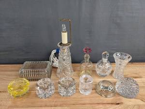 lot 249 image: Collection of 11 Cut Glass Candle Holders, Votives, Vases and Jars D