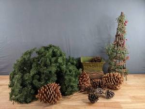 lot 232 image: Assortment of Christmas Decor Tree, garland, Pinecones D