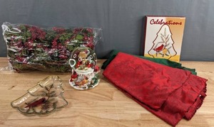lot 236 image: Beautiful Assortment of Holiday Decor Snow Globe, Table Cloth, Celebration Cardinal Plate, and More D
