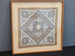 Framed Egyptian Textile Taupe and Blue Quilted Sample