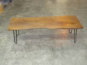 lot 53 image: Hand Crafted Live Edge White Oak Coffee Table with Black Hair Pin Iron Legs