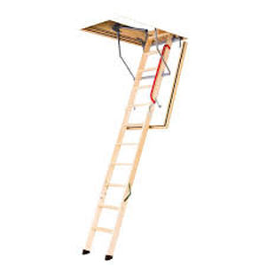 lot 100 image: Werner 8 ft., 25 in. x 54 in. Wood Attic Ladder with 250 lb. Maximum Load Capacity