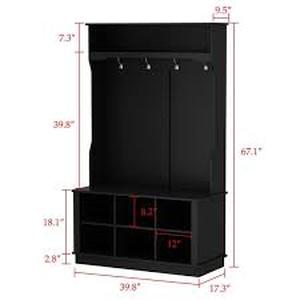 lot 109 image: FUFU & GAGA Black Painted Freestanding Coat Rack with Shoe Bench, Hanging Hooks, and Storage Cubbies