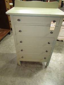 lot 73 image: Olive Green Farm House Vintage Nursery Room Wood Floor Dresser