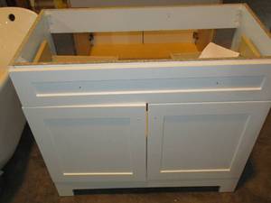 lot 117 image: Hampton Bay Shaker Assembled 36 x 34.5 x 21 in. Bathroom Vanity Base Cabinet in Satin White-Damaged-See Pictures