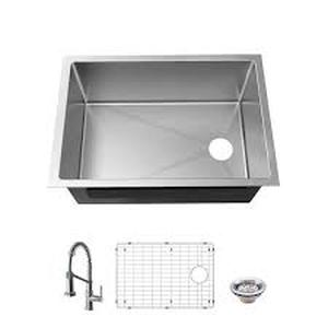lot 139 image: Glacier Bay AIO Tight Radius Undermount 18G Stainless Steel 27 in. Single Bowl Kitchen Sink with Offset Drain and Spring Neck Faucet