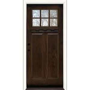 lot 218 image: Feather River Doors 37.5 in. x 81.625 in. 6 Lite Craftsman Stained Chestnut Mahogany Right-Hand Inswing Fiberglass Prehung Front Door