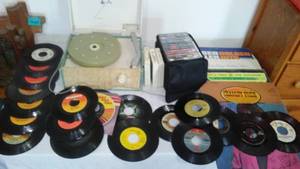 Cd�s 8 Track, 12-inch Vinyl, 45s and Record Player.