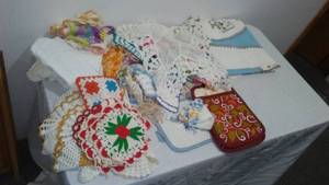 Needlework Galore Doilies, Potholders, Tablecloth and More.