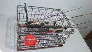 Ice Fishing Poles In Vintage Wire Milk Crate.